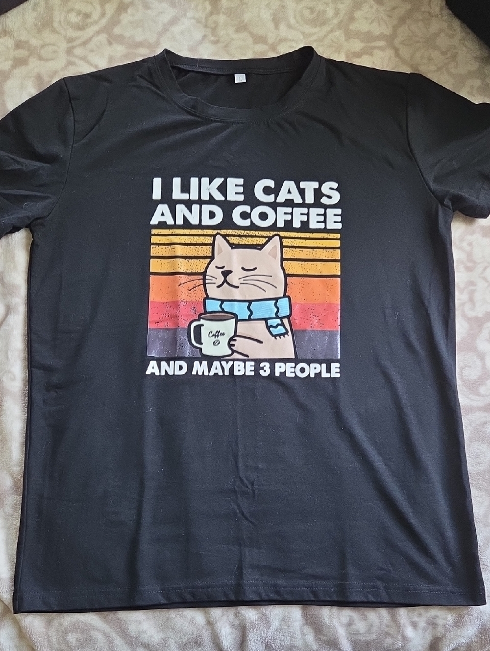 Black Tee with Cat & Coffee Graphic